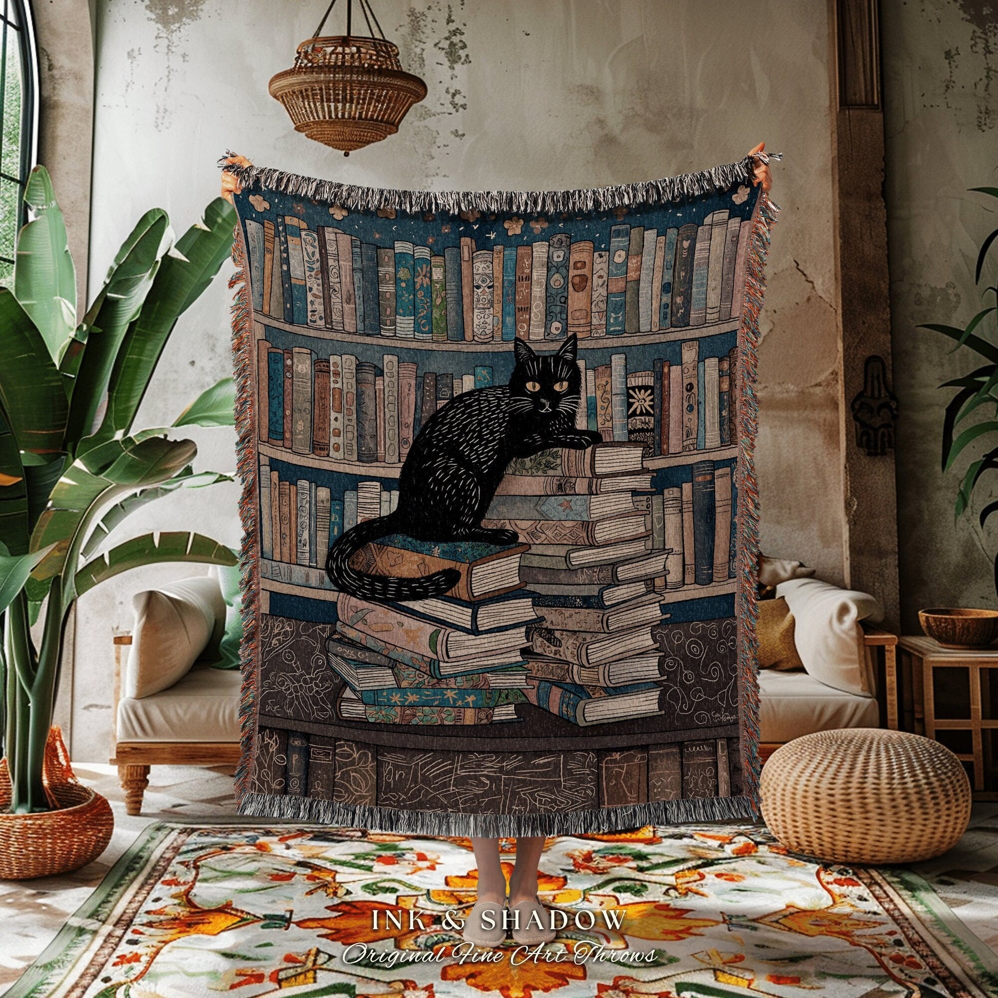 Witchy Cat Library Blanket | Boho Book Lover Bedroom Decor Dark Woodland Crowcore Aesthetic Tapestry Mystical Bookish Gift for Reader |