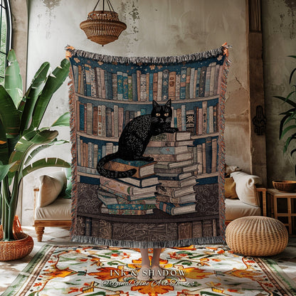 Witchy Cat Library Blanket | Boho Book Lover Bedroom Decor Dark Woodland Crowcore Aesthetic Tapestry Mystical Bookish Gift for Reader |