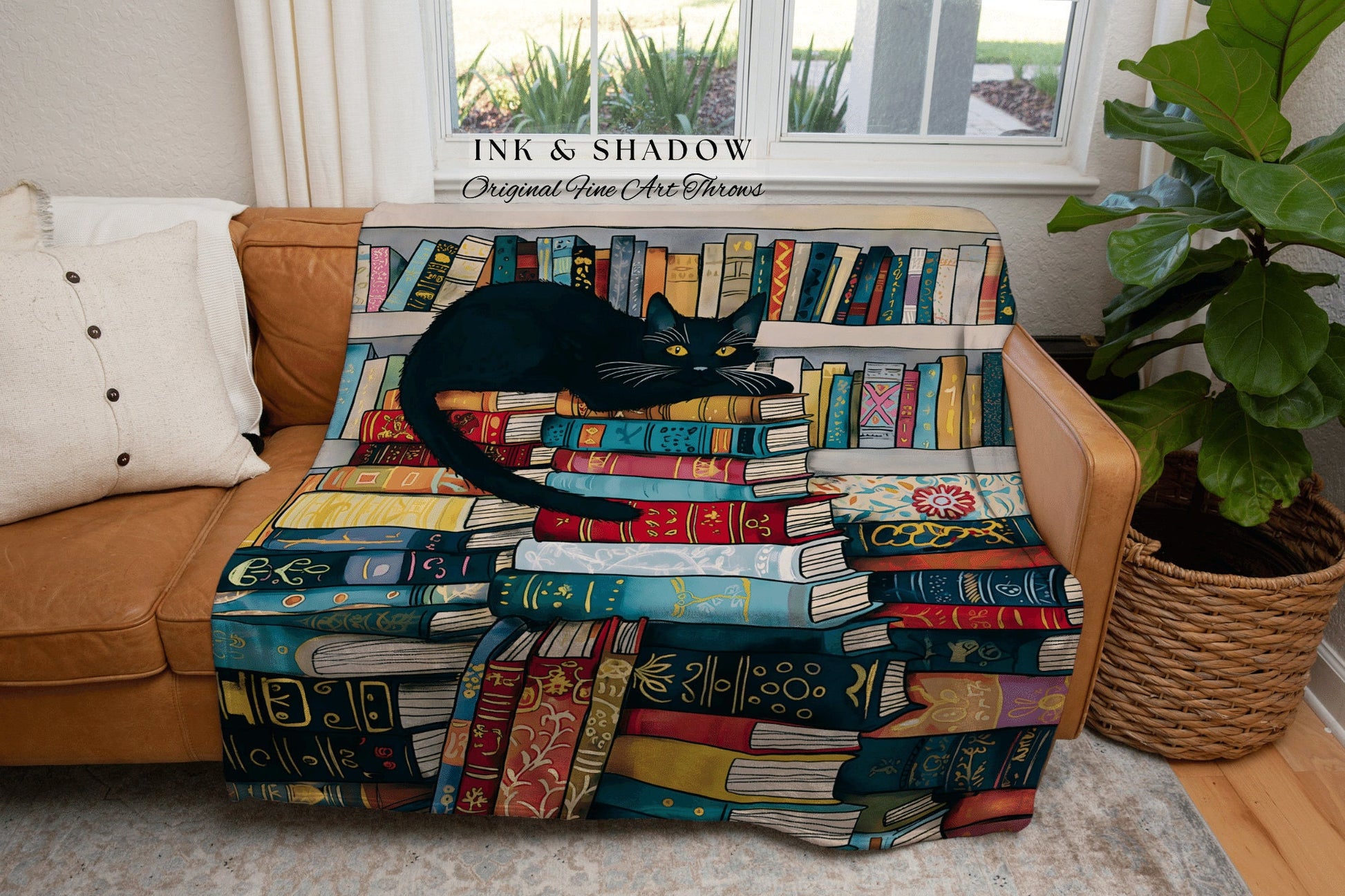 Eclectic Cat Blanket Bookish Gift | Boho Book Lover Bedroom Decor Dark Woodland Crowcore Aesthetic Tapestry Mystical Book Reading Corner