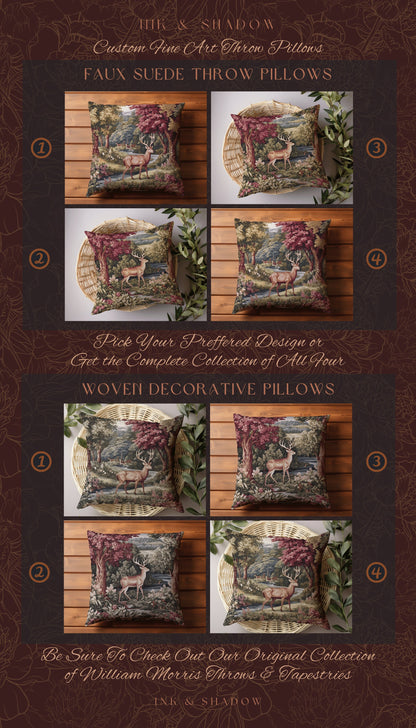 Romantic Woodland Deer Woven Tapestry Pillow | Victorian Forest Landscape Dark Botanical Floral Cottagecore Nature Rustic Cushion Decor Home