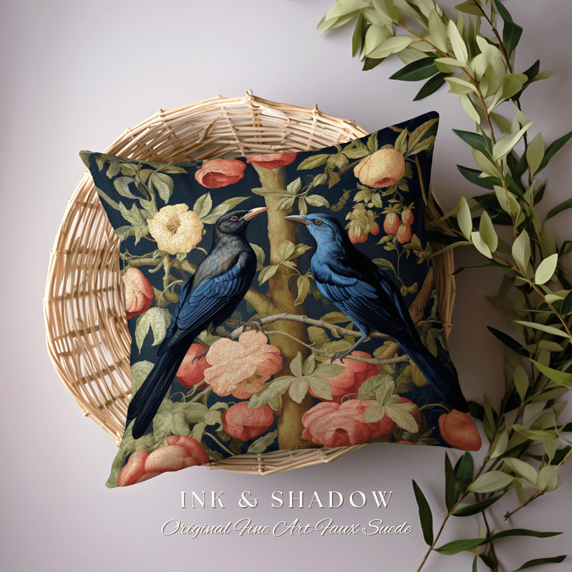 Woodland Crows Accent Pillow | Gothic Decor Crowcore William Morris Inspired Pillow Aesthetic Medieval Woven Cushion Victorian Crow Core Art