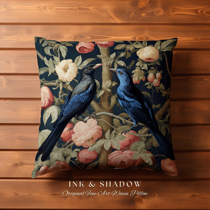 Woodland Crows Accent Pillow | Gothic Decor Crowcore William Morris Inspired Pillow Aesthetic Medieval Woven Cushion Victorian Crow Core Art