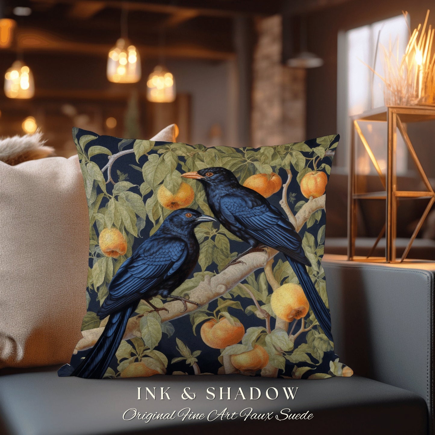 Blue Jungle Birds Forestcore Pillow Gothic Botanical Accent William Morris Art Style, Raven Decor Crowcore Tapestry Cushion Rustic Woodland