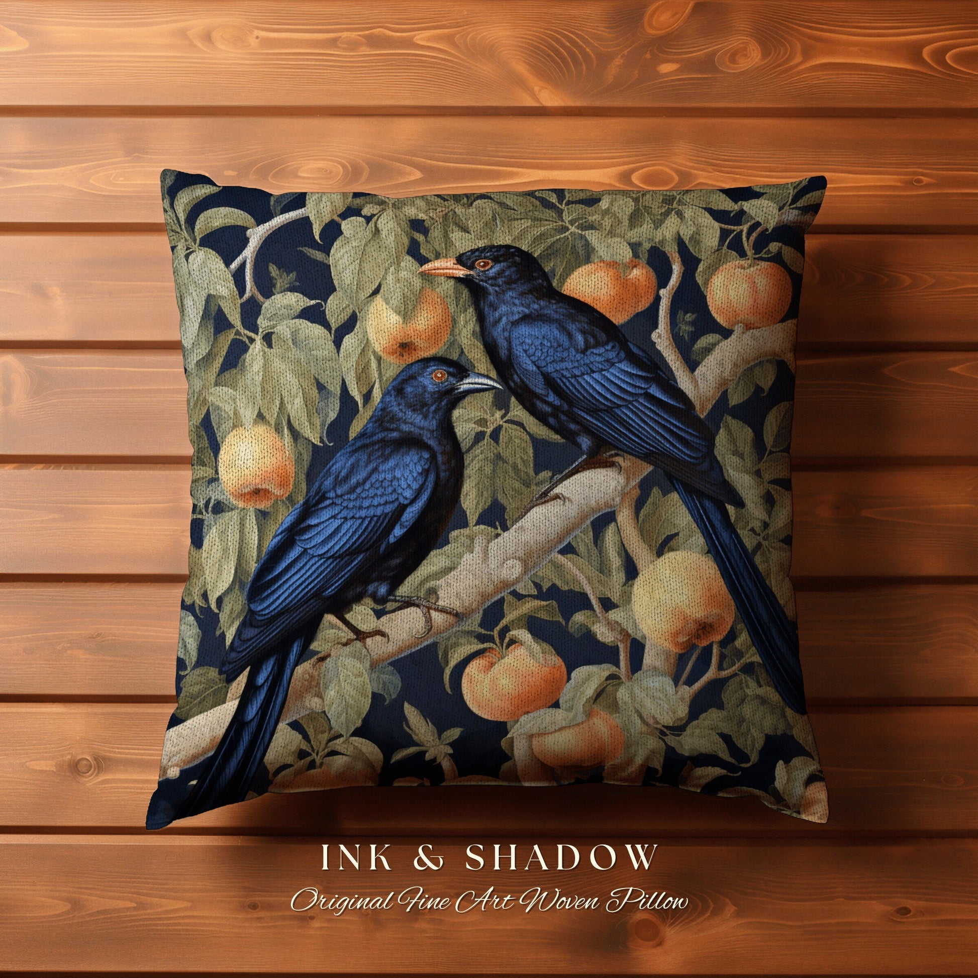 Blue Jungle Birds Pillow | Gothic Botanical Accent Pillow William Morris Art Pillow Raven Decor Crow Core Cushion Maximalist Rustic Bedroom