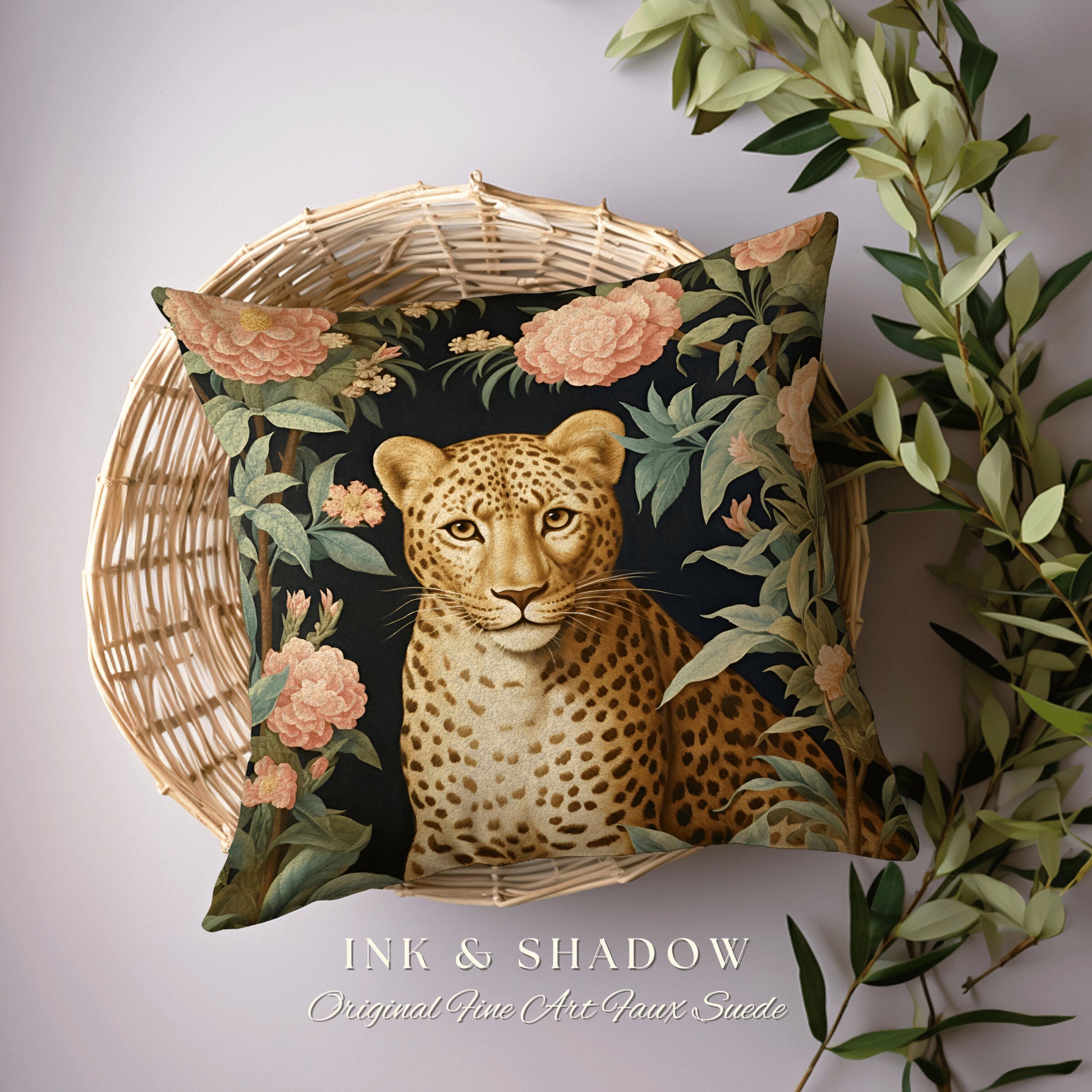 Cheetah Floral Throw Pillow | Dark Academia Tapestry Pillow William Morris Cushion Woodland Gothic Botanical Jungle Aesthetic Leopard Decor