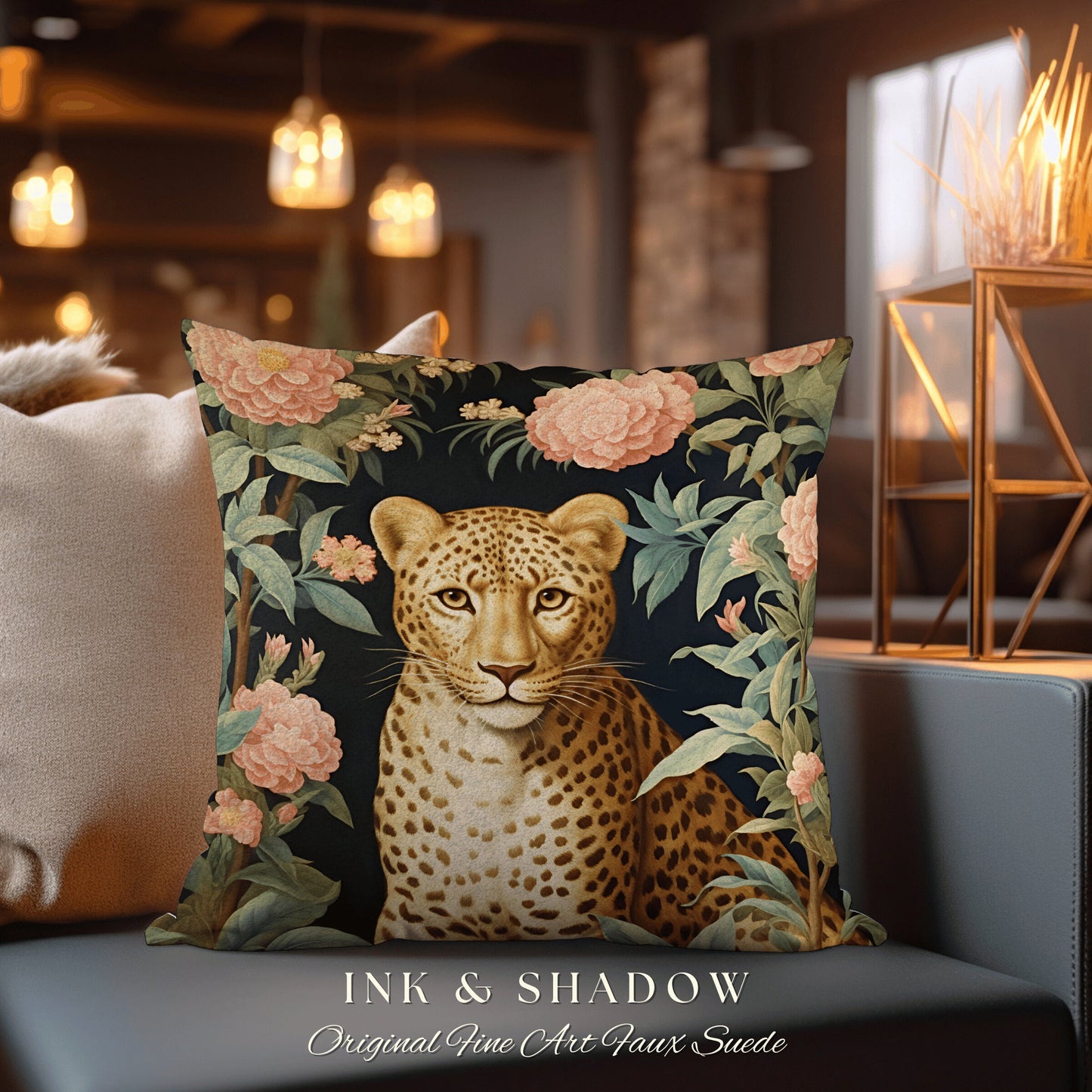 Cheetah Floral Throw Pillow | Dark Academia Tapestry Pillow William Morris Cushion Woodland Gothic Botanical Jungle Aesthetic Leopard Decor