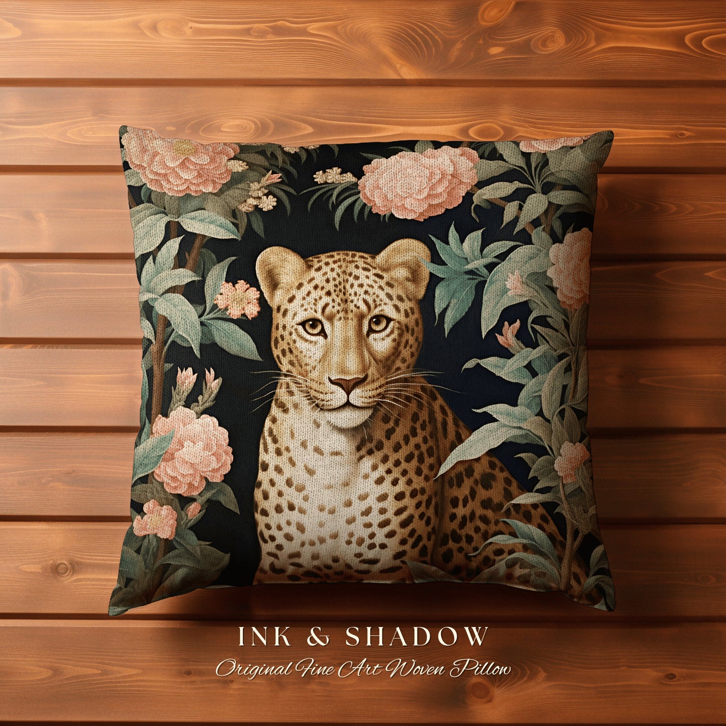 Cheetah Floral Throw Pillow | Dark Academia Tapestry Pillow William Morris Cushion Woodland Gothic Botanical Jungle Aesthetic Leopard Decor