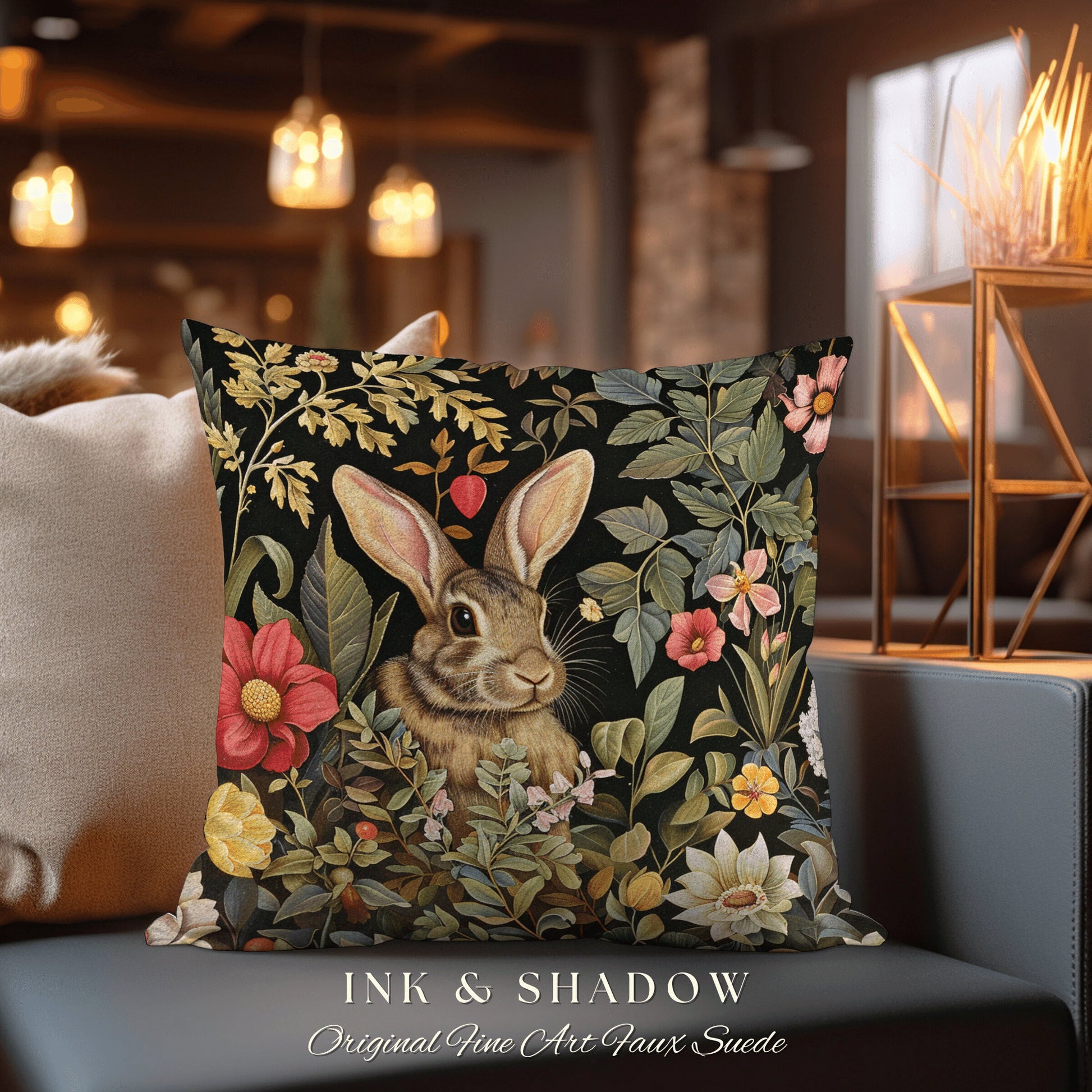 Woodland Floral Rabbit Pillow | Woven Couch Cushion William Morris Throw Woodland Bunny Decor Spring Botanical Rabbit Fairycore Book Nook