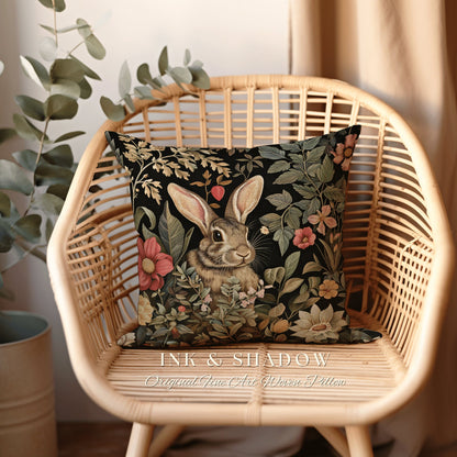 Woodland Floral Rabbit Pillow | Woven Couch Cushion William Morris Throw Woodland Bunny Decor Spring Botanical Rabbit Fairycore Book Nook