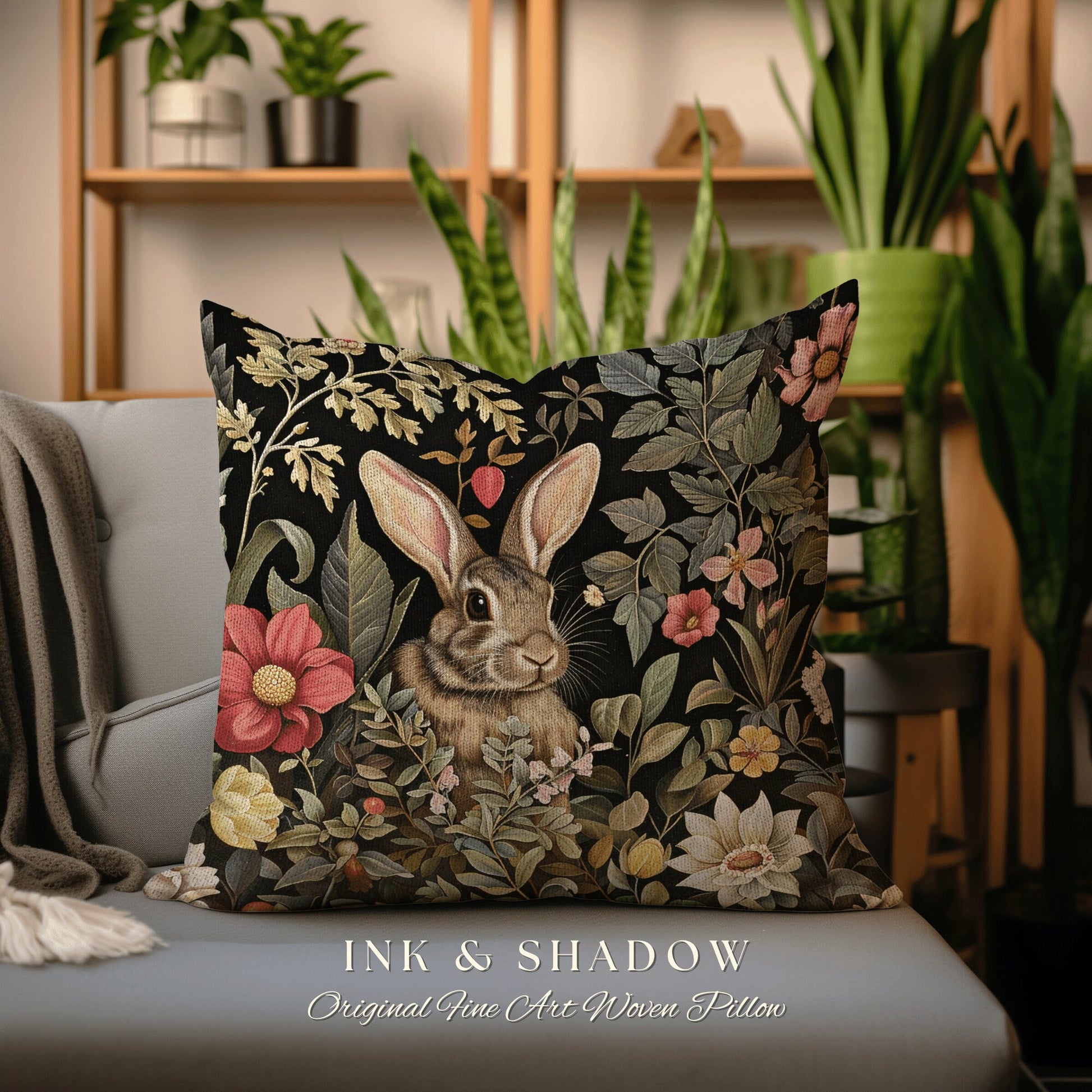 Woodland Floral Rabbit Pillow | Woven Couch Cushion William Morris Throw Woodland Bunny Decor Spring Botanical Rabbit Fairycore Book Nook