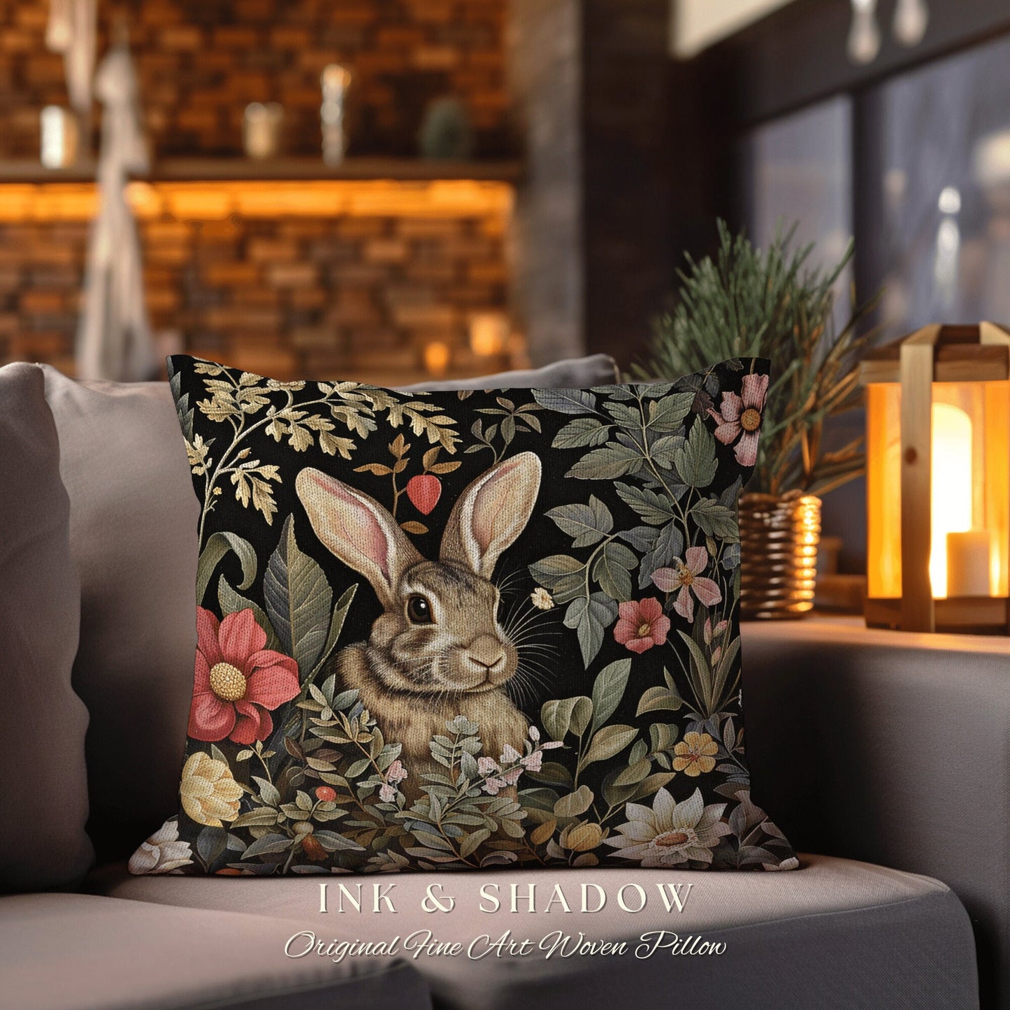 Woodland Floral Rabbit Pillow | Woven Couch Cushion William Morris Throw Woodland Bunny Decor Spring Botanical Rabbit Fairycore Book Nook