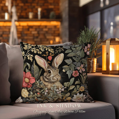 Woodland Floral Rabbit Pillow | Woven Couch Cushion William Morris Throw Woodland Bunny Decor Spring Botanical Rabbit Fairycore Book Nook