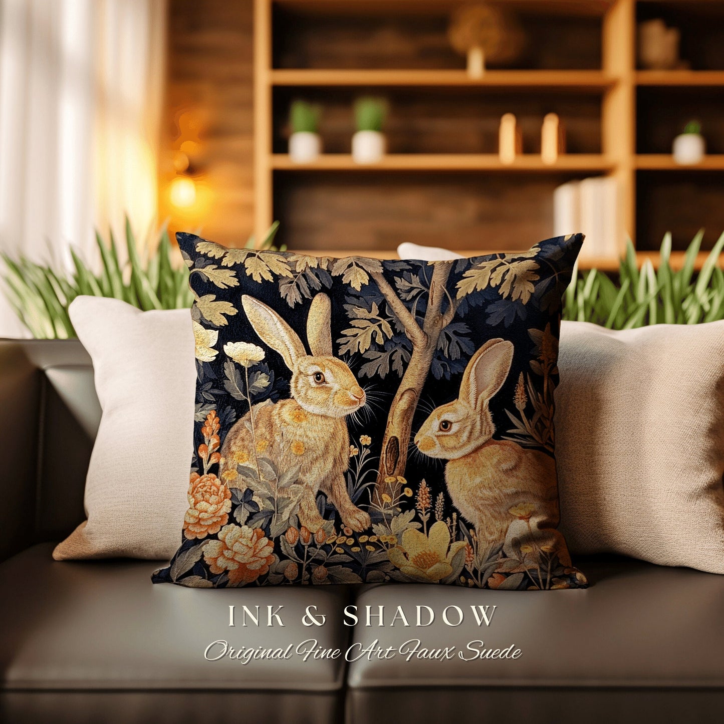 Rustic Woodland Accent Pillow | Couch Cushion William Morris Throw Bunny Decor Rustic Spring Botanical Rabbit Fairycore Bookish Gift