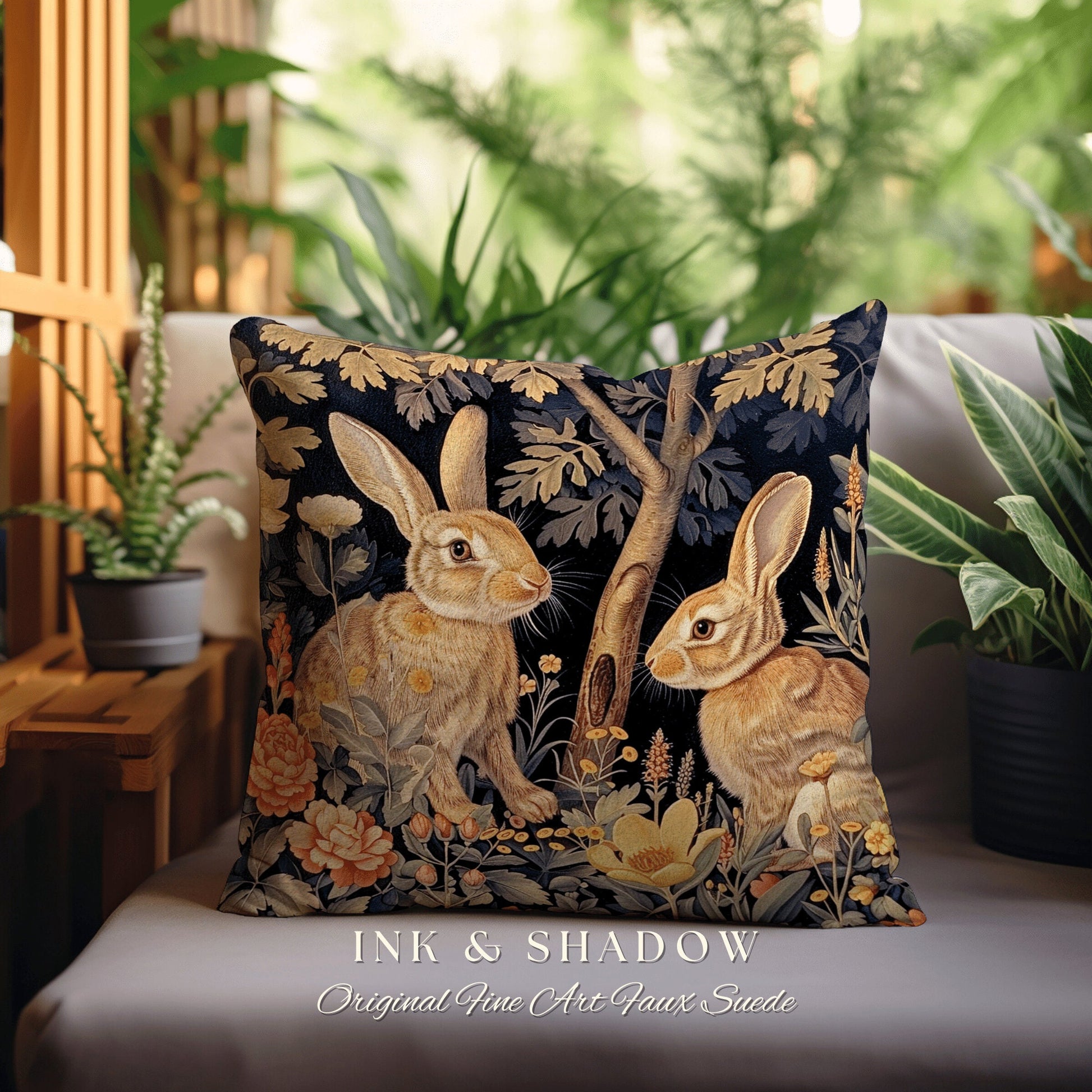 Rustic Woodland Accent Pillow | Couch Cushion William Morris Throw Bunny Decor Rustic Spring Botanical Rabbit Fairycore Bookish Gift