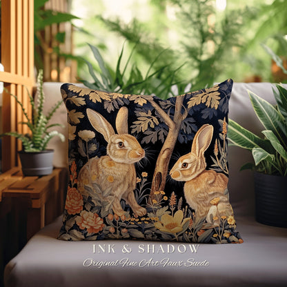 Rustic Woodland Accent Pillow | Couch Cushion William Morris Throw Bunny Decor Rustic Spring Botanical Rabbit Fairycore Bookish Gift