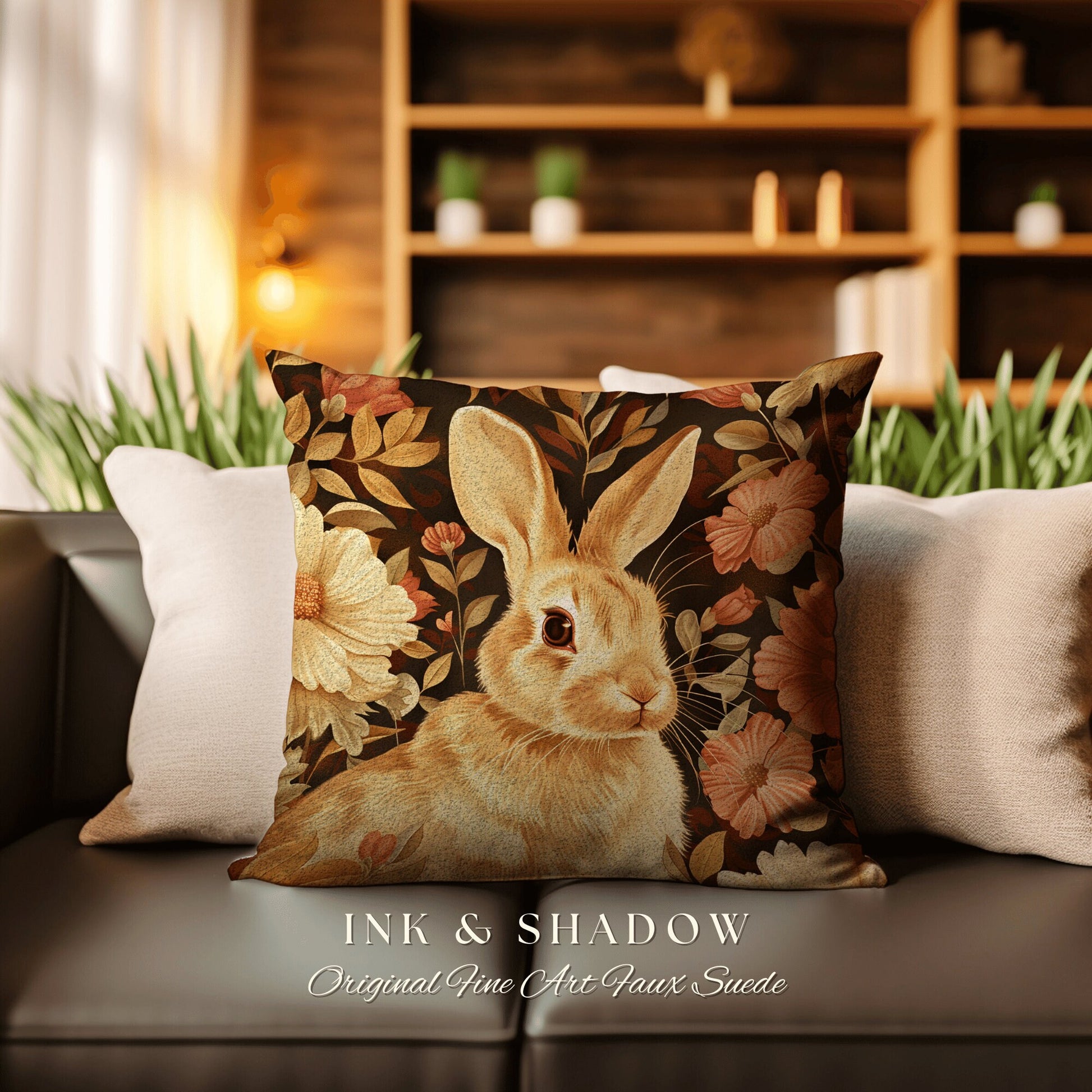 Spring Accent Pillow Floral | Woven Couch Cushion William Morris Throw Woodland Bunny Decor Botanical Rabbit Aesthetic Botanical Fairycore