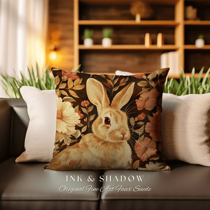 Spring Accent Pillow Floral | Woven Couch Cushion William Morris Throw Woodland Bunny Decor Botanical Rabbit Aesthetic Botanical Fairycore