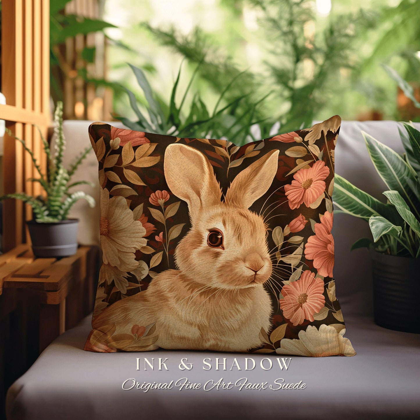 Spring Accent Pillow Floral | Woven Couch Cushion William Morris Throw Woodland Bunny Decor Botanical Rabbit Aesthetic Botanical Fairycore