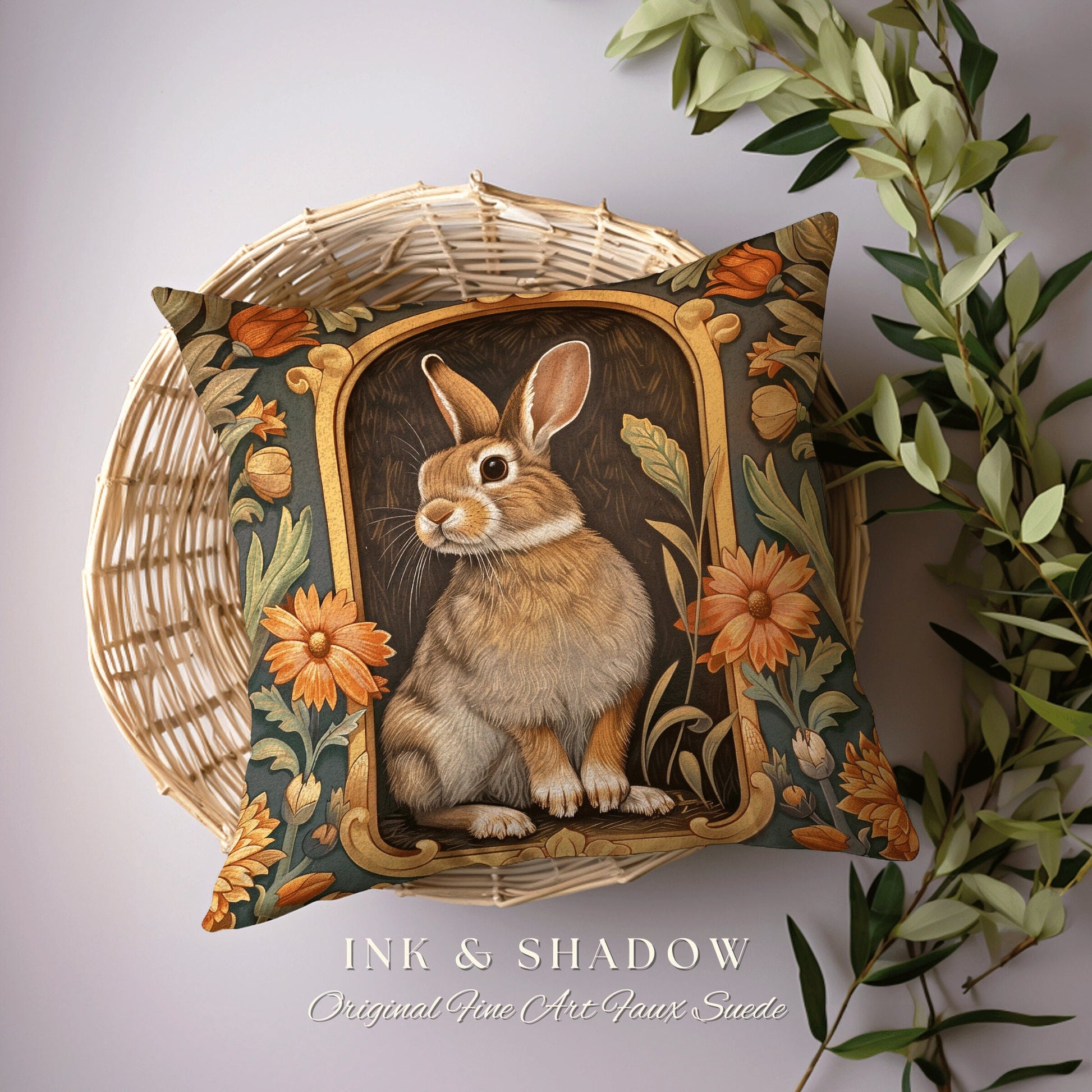 Boho Spring Decor Pillow | Couch Cushion William Morris Throw Woodland Bunny Decor Rustic Spring Botanical Rabbit Fairycore Book Nook Gift