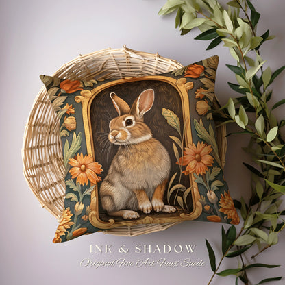 Boho Spring Decor Pillow | Couch Cushion William Morris Throw Woodland Bunny Decor Rustic Spring Botanical Rabbit Fairycore Book Nook Gift