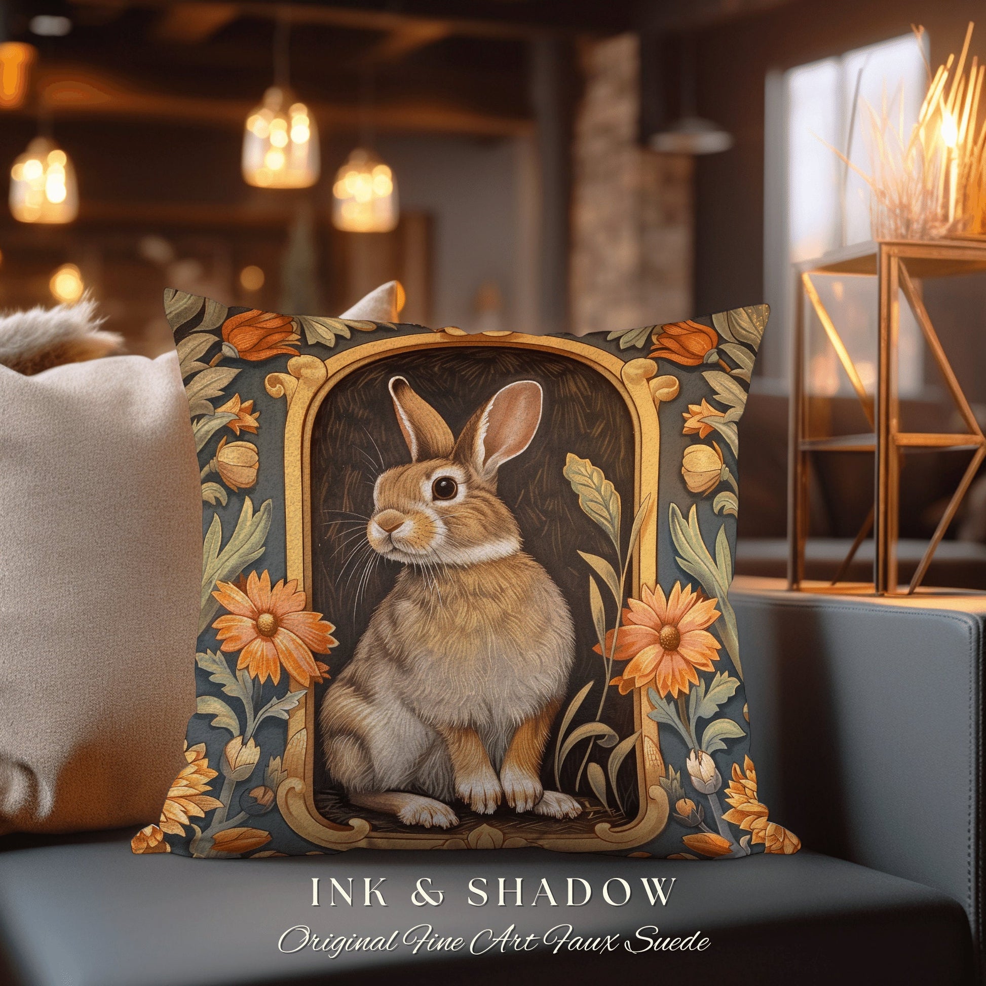 Boho Spring Decor Pillow | Couch Cushion William Morris Throw Woodland Bunny Decor Rustic Spring Botanical Rabbit Fairycore Book Nook Gift