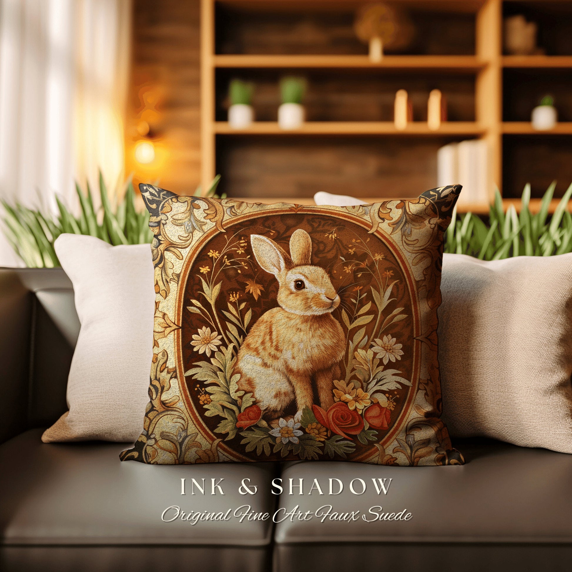 Ornate Rabbit Throw Pillow | Couch Cushion William Morris Throw Woodland Bunny Decor Spring Botanical Rabbit Fairycore Book Nook Gift