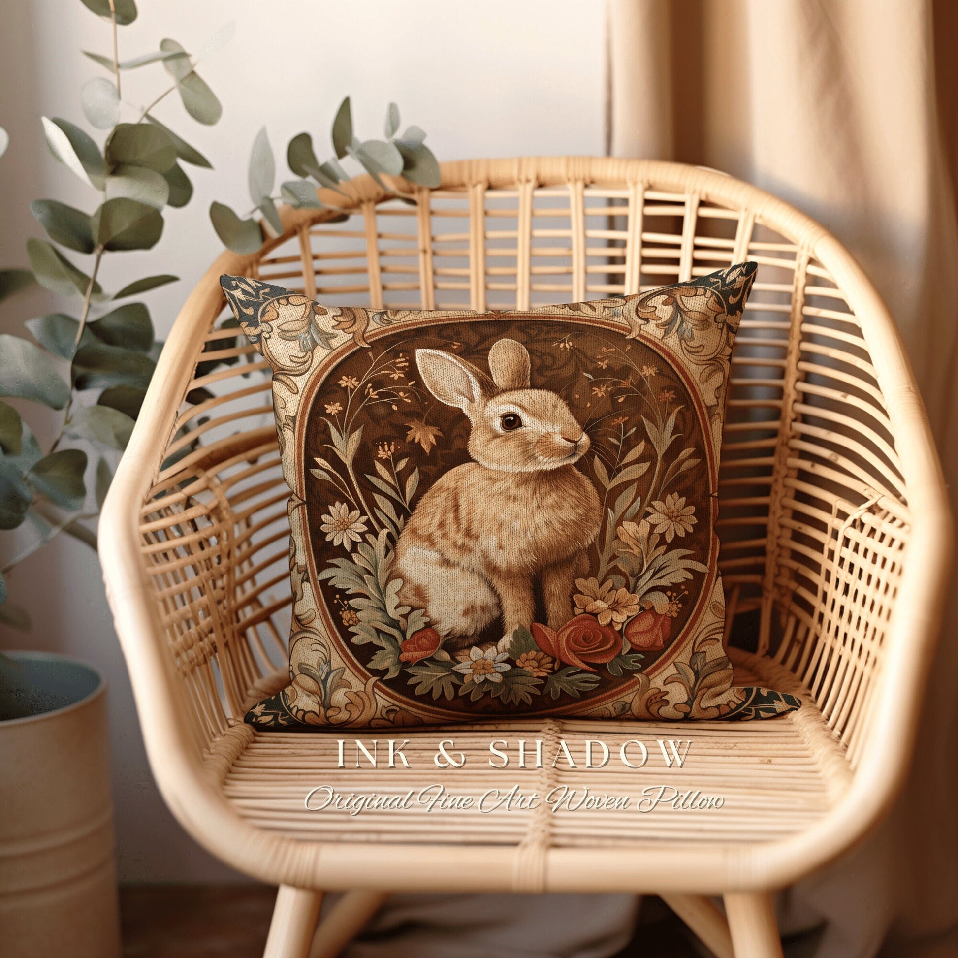 Ornate Rabbit Throw Pillow | Couch Cushion William Morris Throw Woodland Bunny Decor Spring Botanical Rabbit Fairycore Book Nook Gift