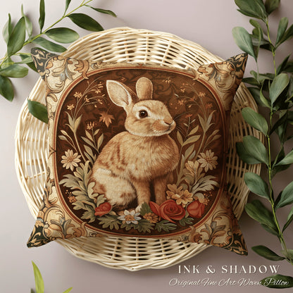 Ornate Rabbit Throw Pillow | Couch Cushion William Morris Throw Woodland Bunny Decor Spring Botanical Rabbit Fairycore Book Nook Gift