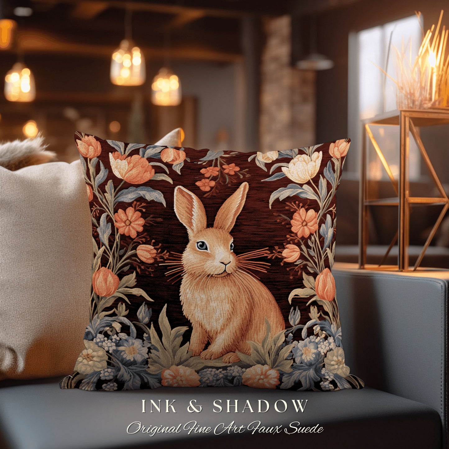 Warm Spring Home Decor Pillow | Couch Cushion William Morris Throw Bunny Boho Rustic Spring Botanical Rabbit Fairycore Bookish Gift