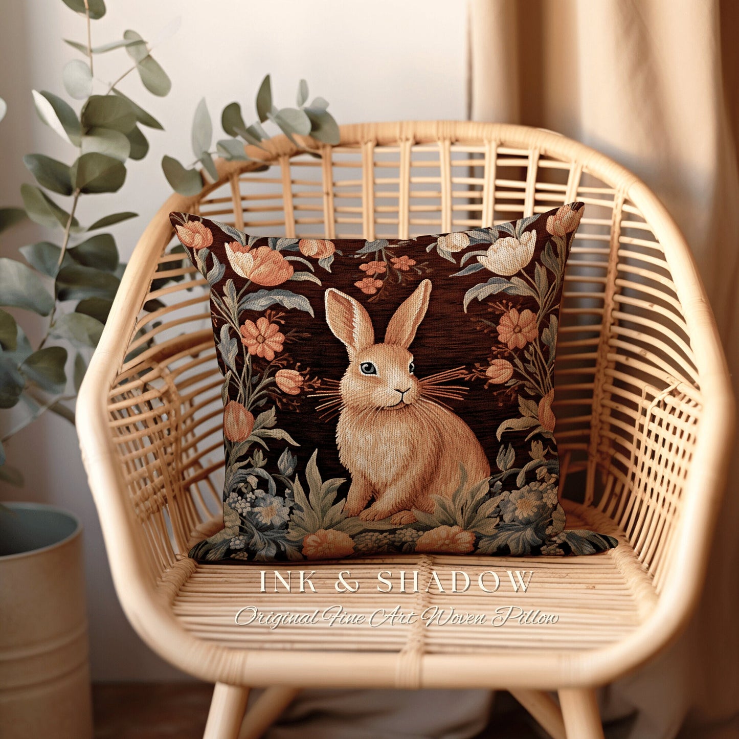 Warm Spring Home Decor Pillow | Couch Cushion William Morris Throw Bunny Boho Rustic Spring Botanical Rabbit Fairycore Bookish Gift