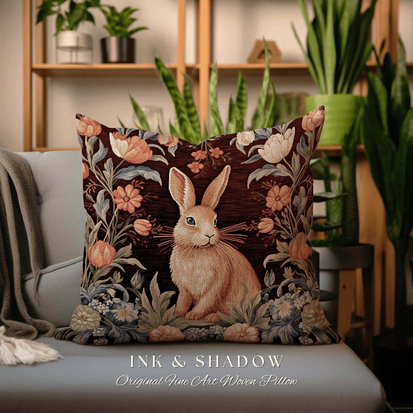 Warm Spring Home Decor Pillow | Couch Cushion William Morris Throw Bunny Boho Rustic Spring Botanical Rabbit Fairycore Bookish Gift