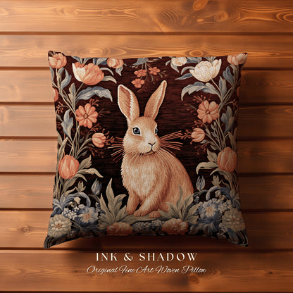 Warm Spring Home Decor Pillow | Couch Cushion William Morris Throw Bunny Boho Rustic Spring Botanical Rabbit Fairycore Bookish Gift