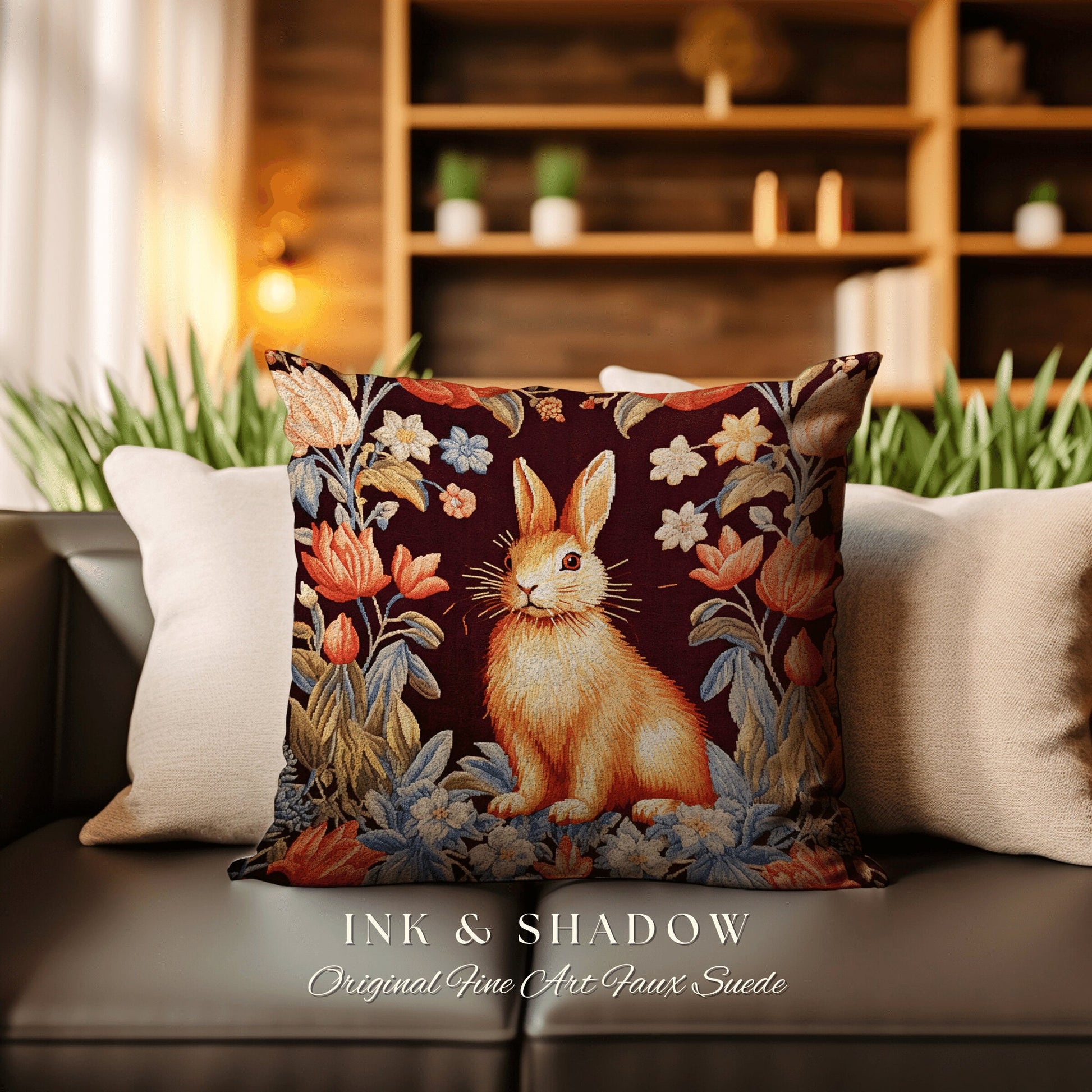 Victorian Gothic Dark Floral Rabbit Pillow Dark Academia Morris Style Botanical Cottagecore Bunny Decor Rustic Boho Rabbit Fairycore Pillow