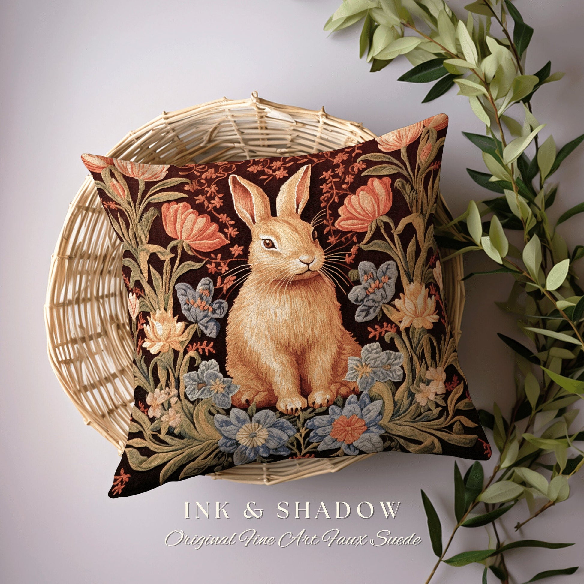 Floral Bunny Rabbit Accent Pillow | Couch Cushion William Morris Throw Bunny Decor Rustic Spring Botanical Rabbit Fairycore Bookish Gift