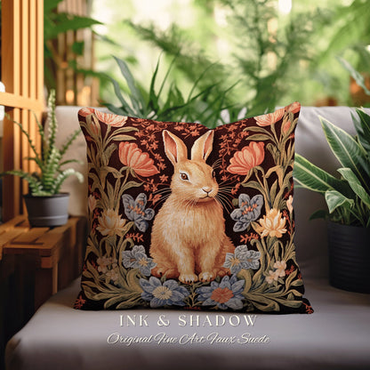 Floral Bunny Rabbit Accent Pillow | Couch Cushion William Morris Throw Bunny Decor Rustic Spring Botanical Rabbit Fairycore Bookish Gift