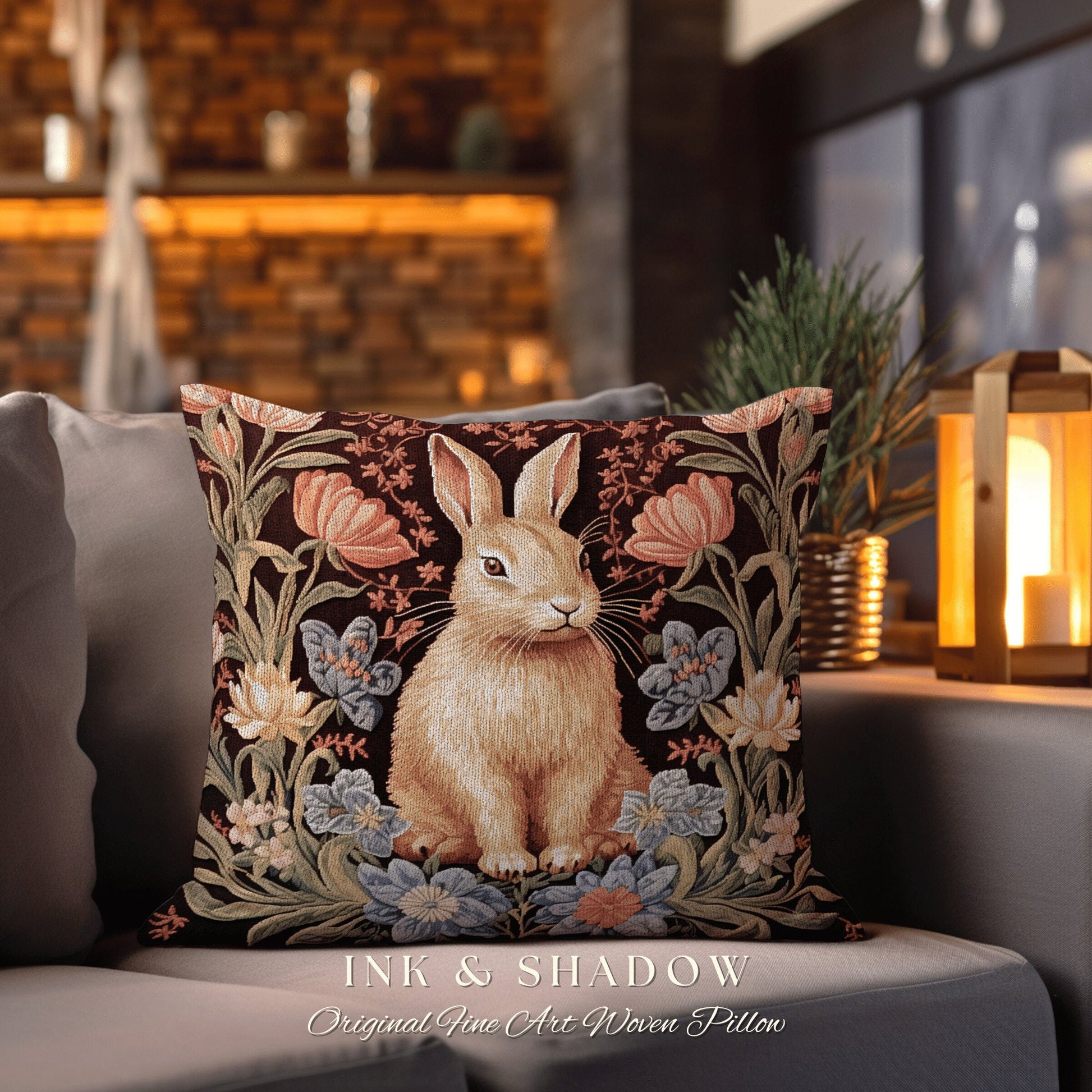 Floral Bunny Rabbit Accent Pillow | Couch Cushion William Morris Throw Bunny Decor Rustic Spring Botanical Rabbit Fairycore Bookish Gift