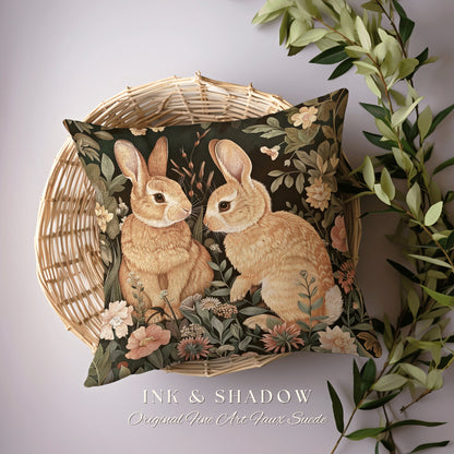 Soft Aesthetic Bunny Pillow | Woven Couch Cushion William Morris Throw Woodland Bunny Decor Spring Botanical Rabbit Botanical Fairycore |