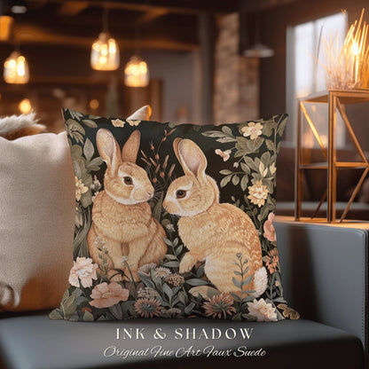 Soft Aesthetic Bunny Pillow | Woven Couch Cushion William Morris Throw Woodland Bunny Decor Spring Botanical Rabbit Botanical Fairycore |