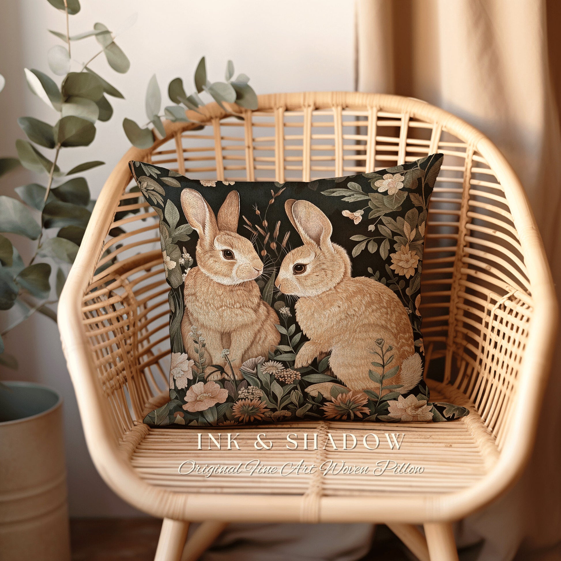 Soft Aesthetic Bunny Pillow | Woven Couch Cushion William Morris Throw Woodland Bunny Decor Spring Botanical Rabbit Botanical Fairycore |