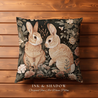 Soft Aesthetic Bunny Pillow | Woven Couch Cushion William Morris Throw Woodland Bunny Decor Spring Botanical Rabbit Botanical Fairycore |