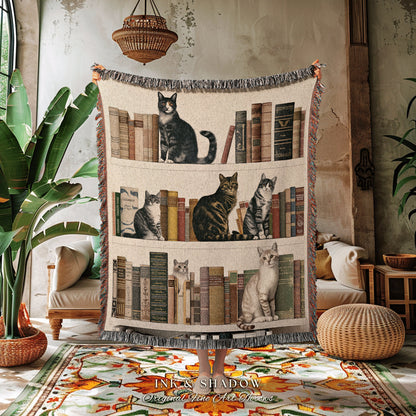 Whimsical Bookshelf Throw Blanket | Gift for Reading Corner Cat Lover Blanket Mystic Room Decor Dark Botanical Woven Wall Art Dark Academia