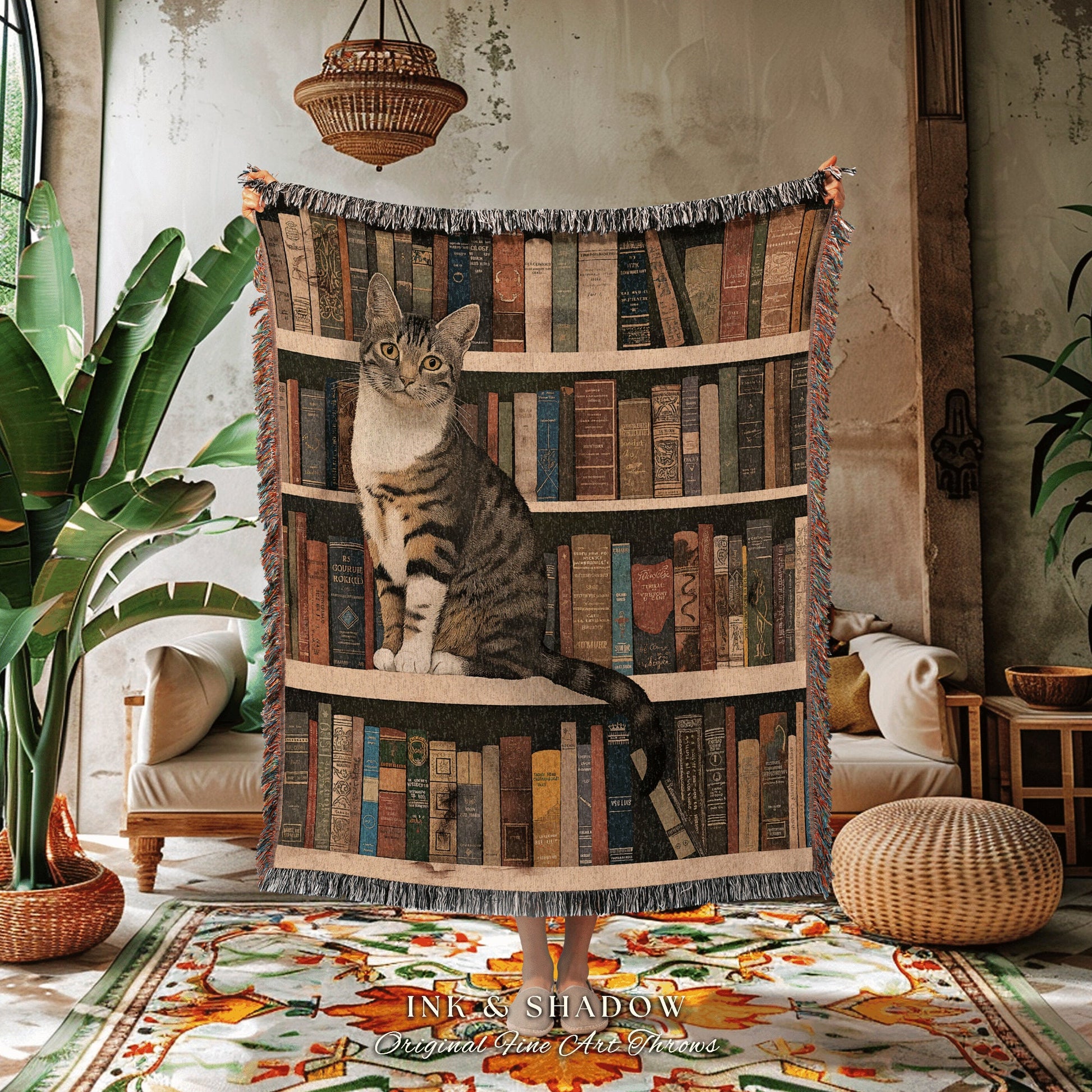 Cat on a Bookshelf Woven Blanket | Gift for Reader Eclectic Cat Lover Tapestry Boho Room Decor Dark Botanical Woven Wall Art Dark Academia