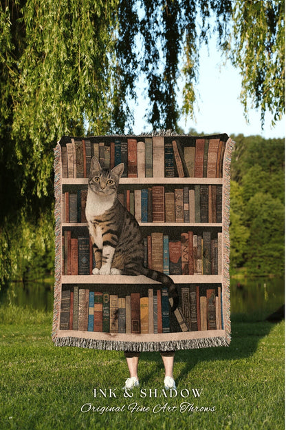 Cat on a Bookshelf Woven Blanket | Gift for Reader Eclectic Cat Lover Tapestry Boho Room Decor Dark Botanical Woven Wall Art Dark Academia