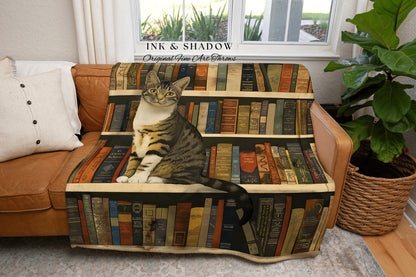 Cat on a Bookshelf Woven Blanket | Gift for Reader Eclectic Cat Lover Tapestry Boho Room Decor Dark Botanical Woven Wall Art Dark Academia