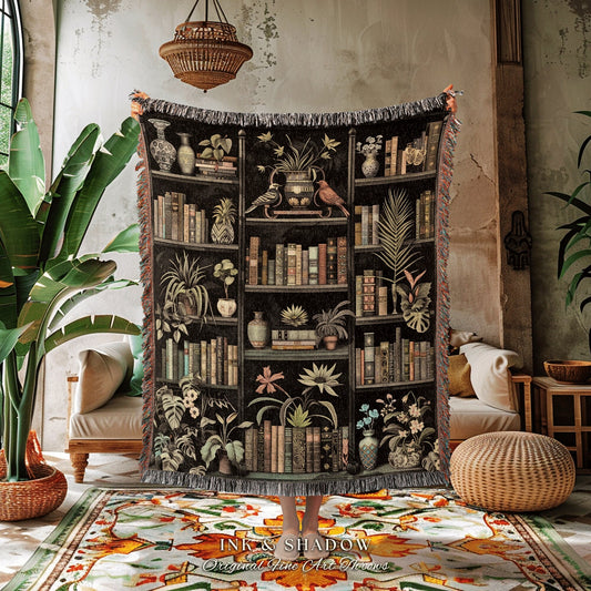 Gothic Library Blanket Woven | Gift for Reader Eclectic Cat Person Tapestry Boho Room Decor Dark Botanical Witchy Wall Art Cottagegoth |