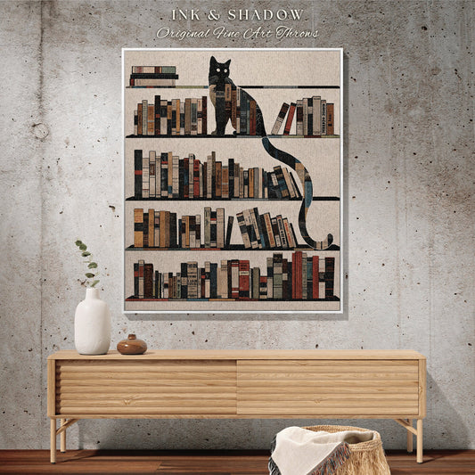 Dark Library Wall Tapestry Woven | Cottagecore Gift for Bookworm Whimsical Cat Lover Blanket Boho Room Decor Dark Witchy Bedroom Art