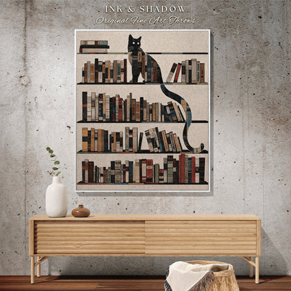 Light Academia Bookshelf Wall Tapestry Woven Cottagecore Gift for Bookworm Whimsical Cat Lover Blanket Boho Room Decor Witchy Bedroom Art