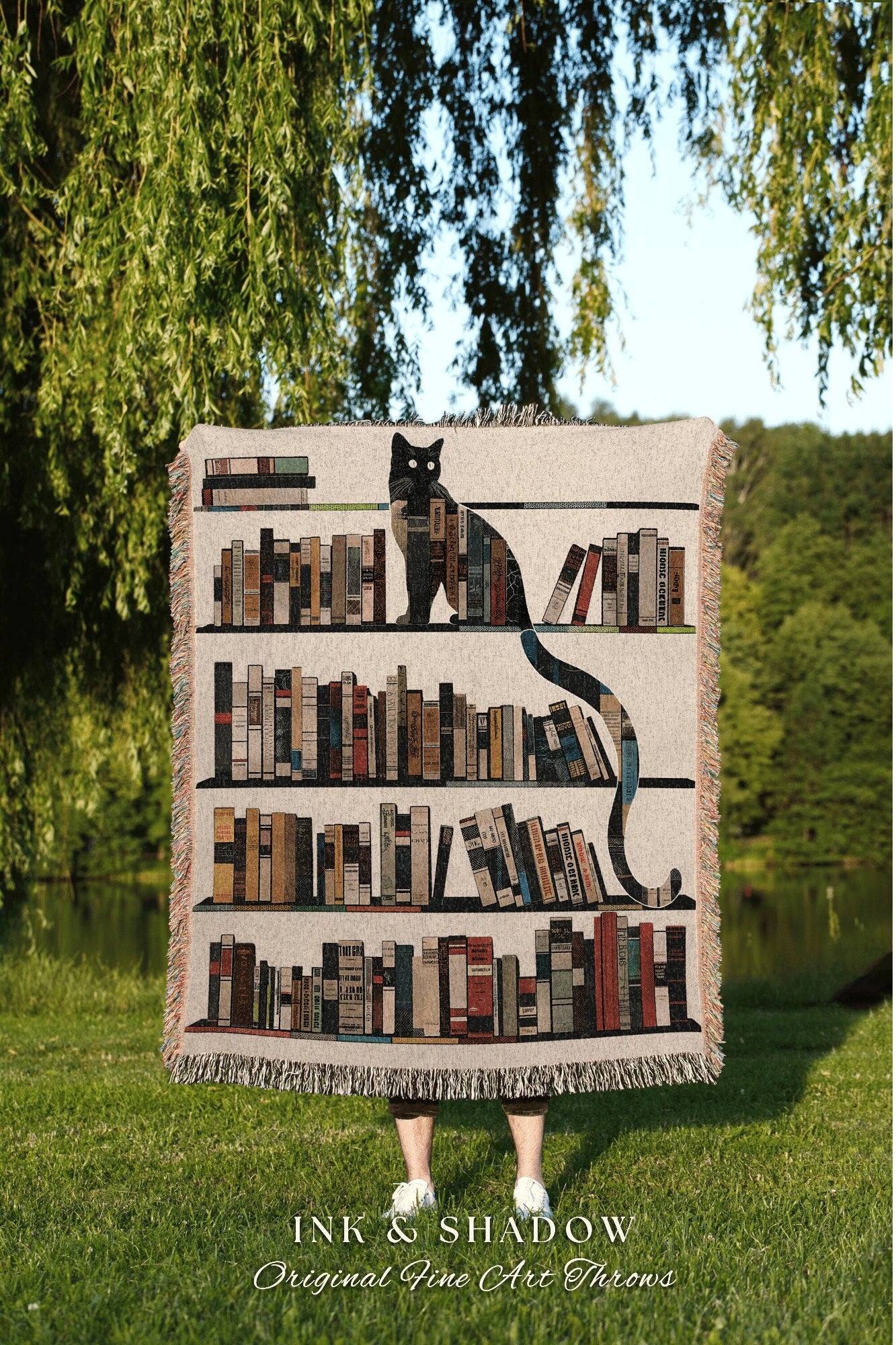 Light Academia Bookshelf Wall Tapestry Woven Cottagecore Gift for Bookworm Whimsical Cat Lover Blanket Boho Room Decor Witchy Bedroom Art