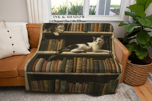 Book Nook Cozy Blanket for Reader | Cottagecore Gift for Bookworm Whimsical Cat Lover Blanket Boho Room Decor Dark Witchy Bedroom Tapestry