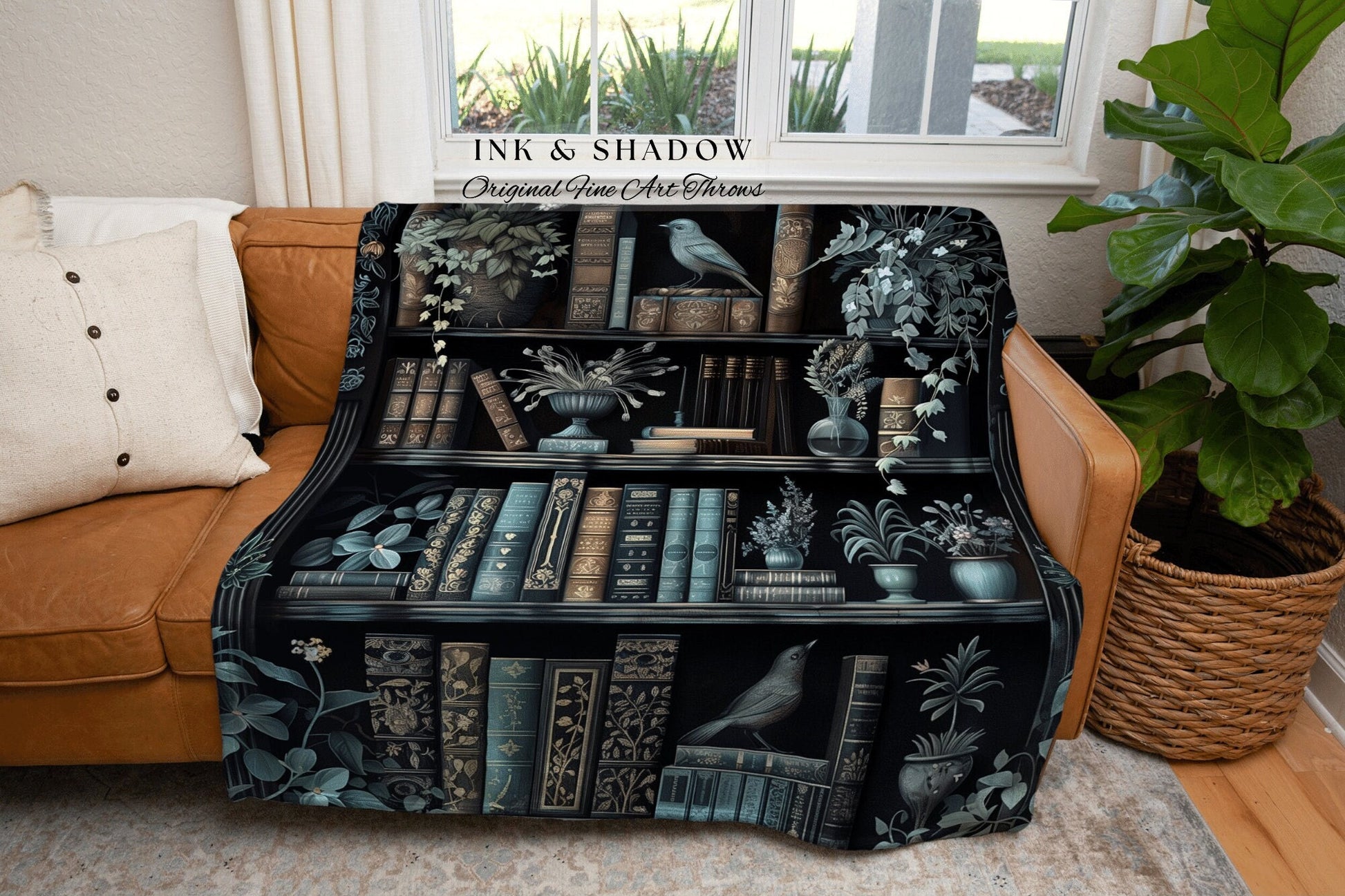 Moody Botanical Bookshelf Tapestry | Cottagecore Gift for Bookworm Whimsical Book Lover Blanket Goth Room Decor Dark Witchy Bedroom Wall Art